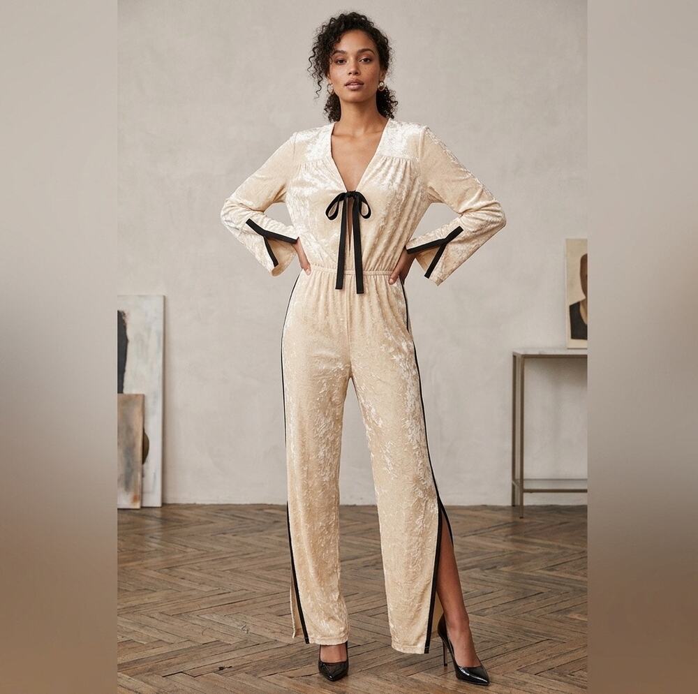 We Are HAH Cream Crushed Velvet Jump On It Jumpsuit Large Hot As Hell Retro